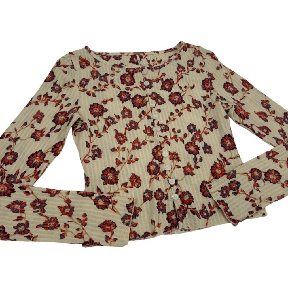 FREE PEOPLE NWOT XS Button Front Top Orange Floral Ribbed Cotton Boho Indie - Picture 11 of 13